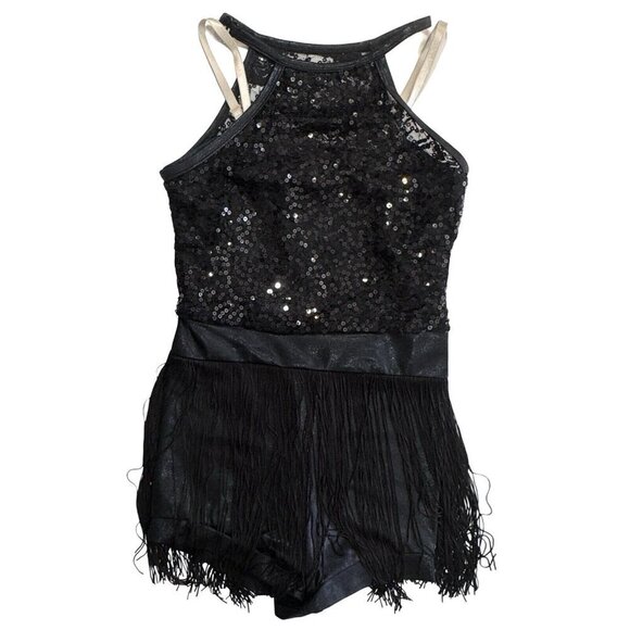 BALERA Black Sequin Fringe Dance‎ Costume Sizes SA/LC Jazz Tap Leotard Outfit - Picture 3 of 12